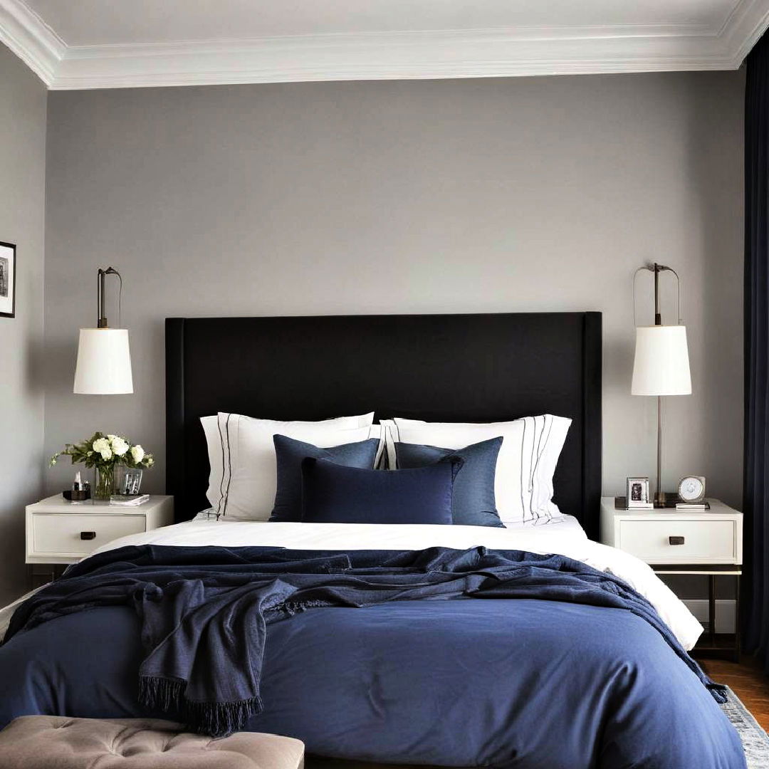 black headboard with blue bedding