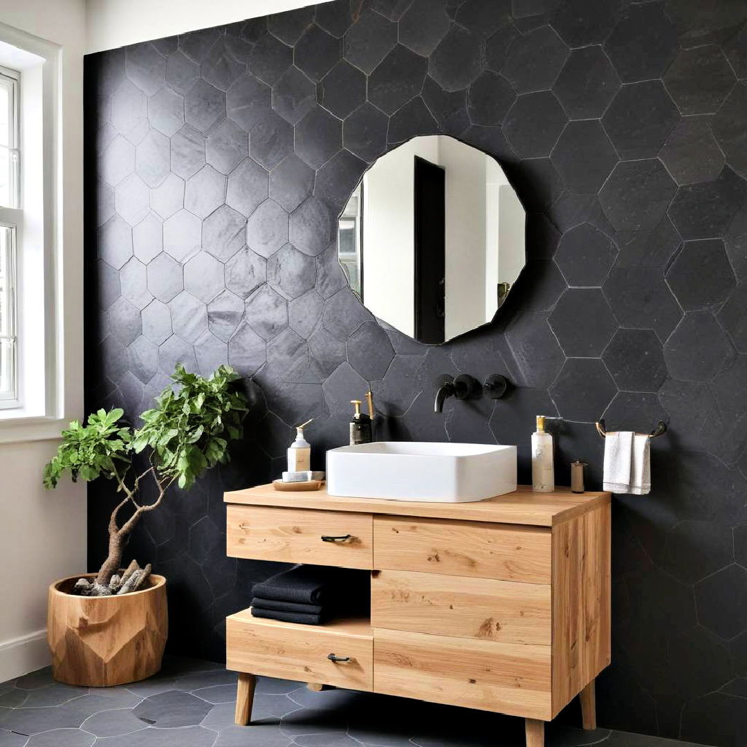 black hexagon tiles with wooden vanity