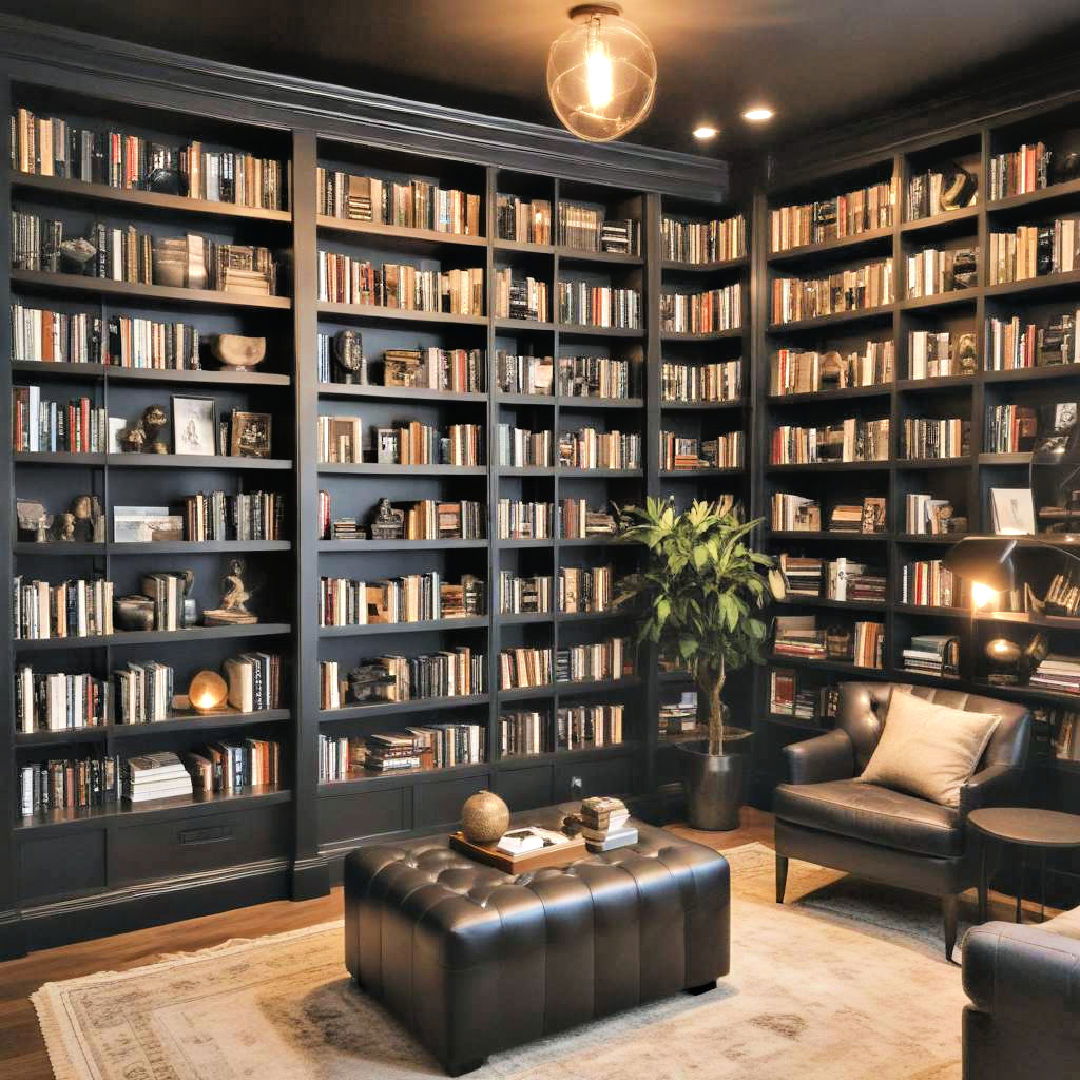 black home library with warm lighting