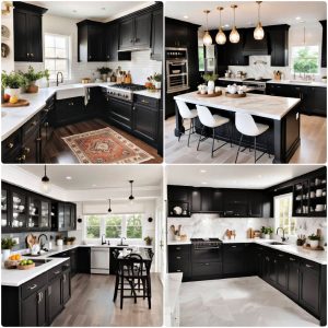 black kitchen cabinets with white countertops