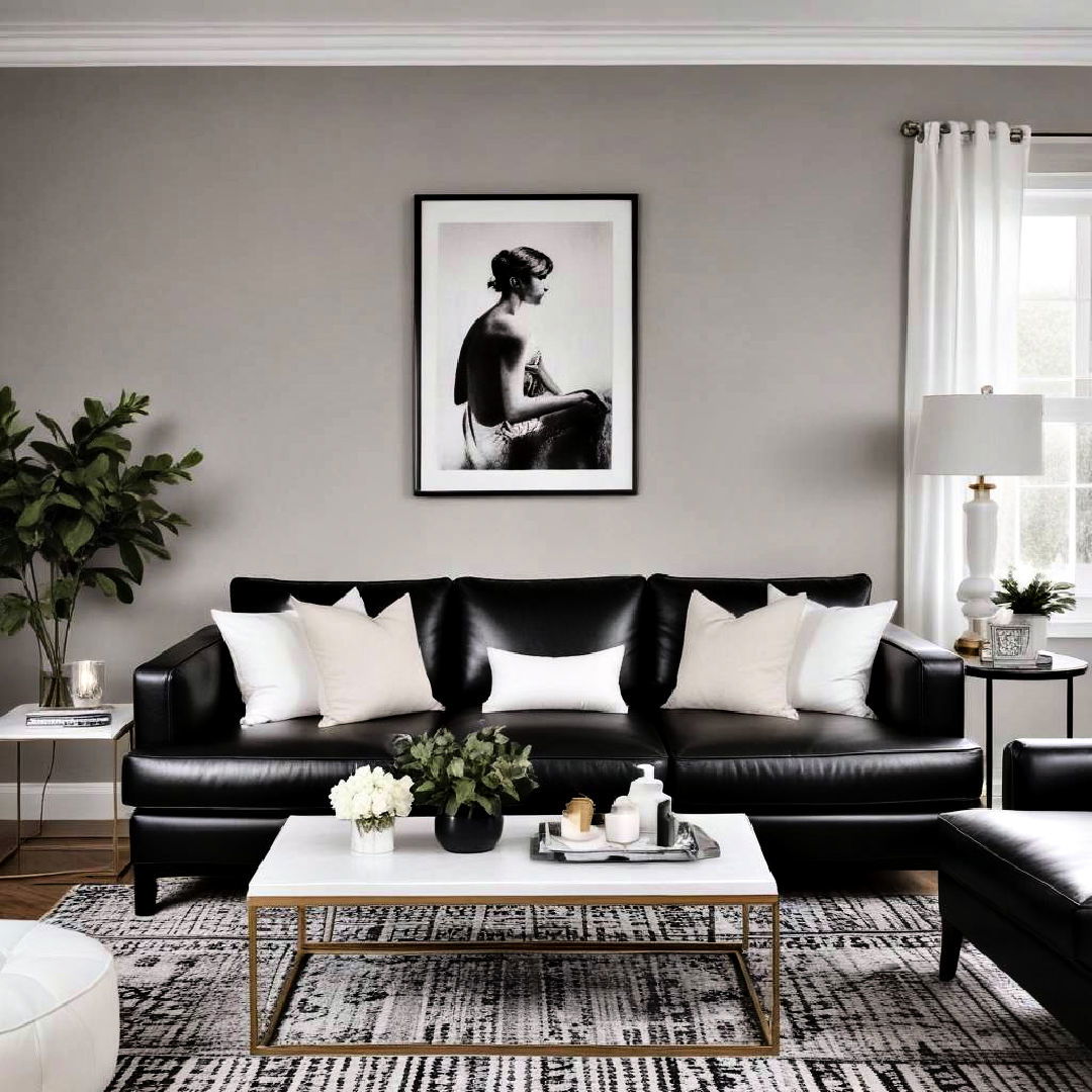 black leather sofa with white cushions