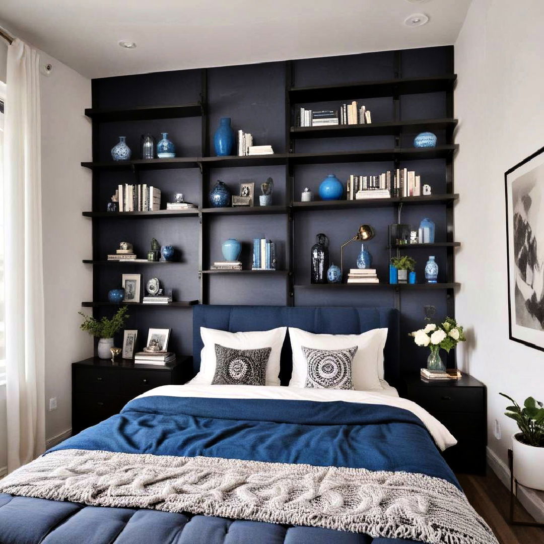 black shelves with blue accents