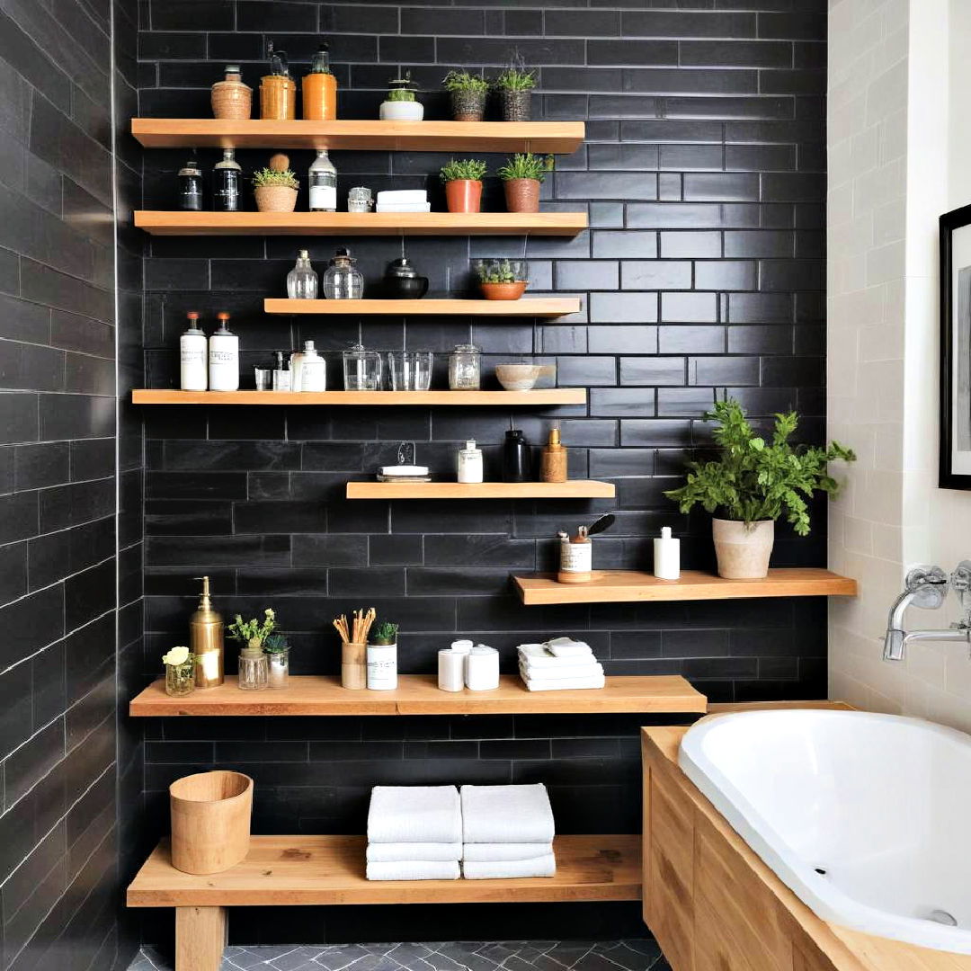 black subway tiles with wooden open shelving