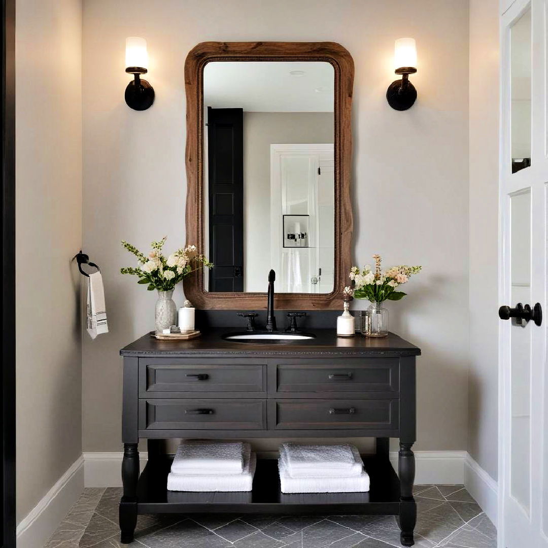 black vanity with wooden mirror frame