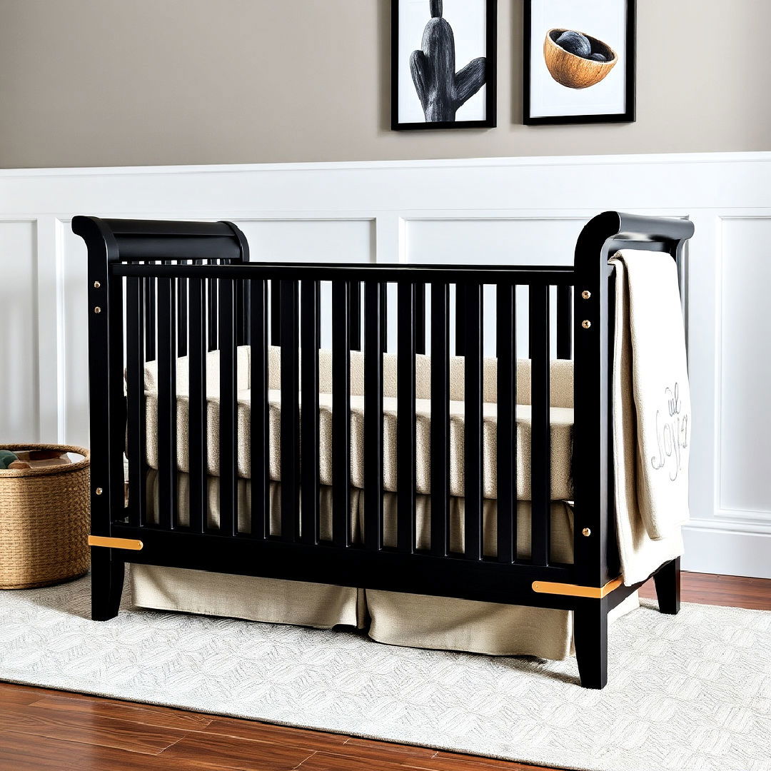 black wooden crib with metal accents