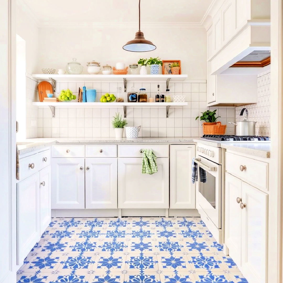 blue and white patterned floor tiles for a vintage look