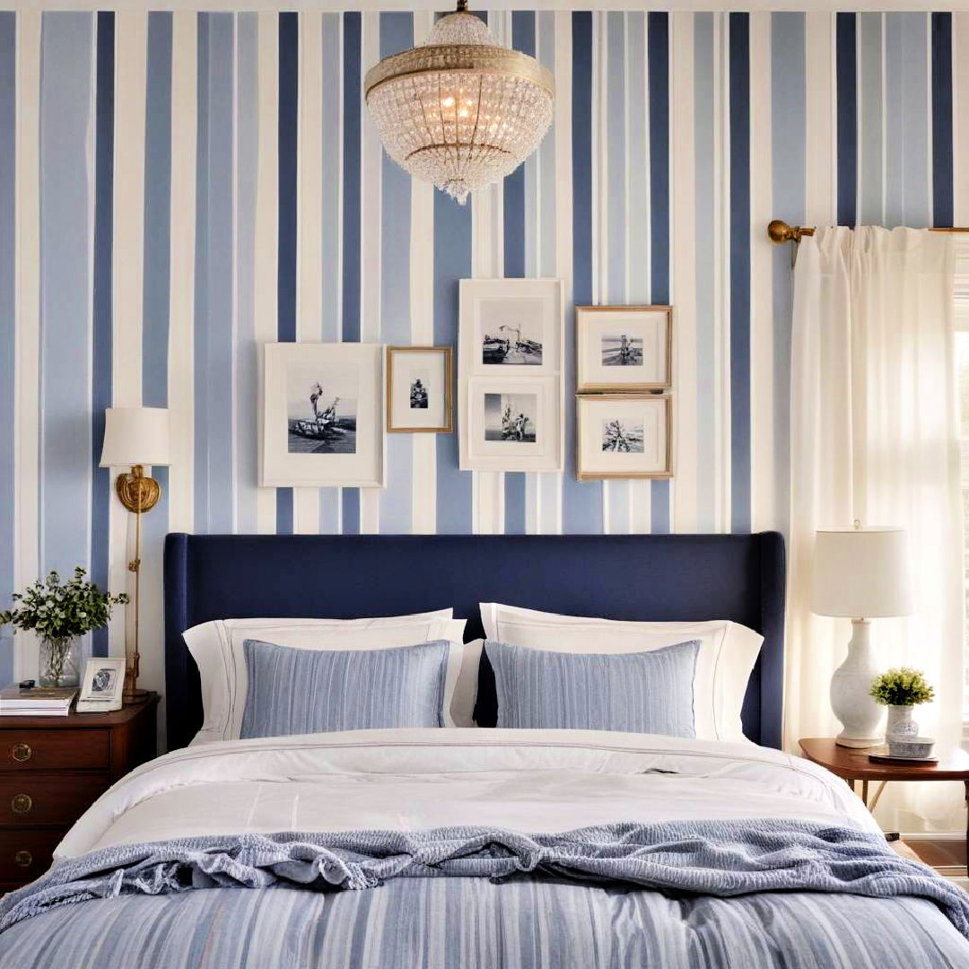 blue and white striped wallpaper for a nautical theme