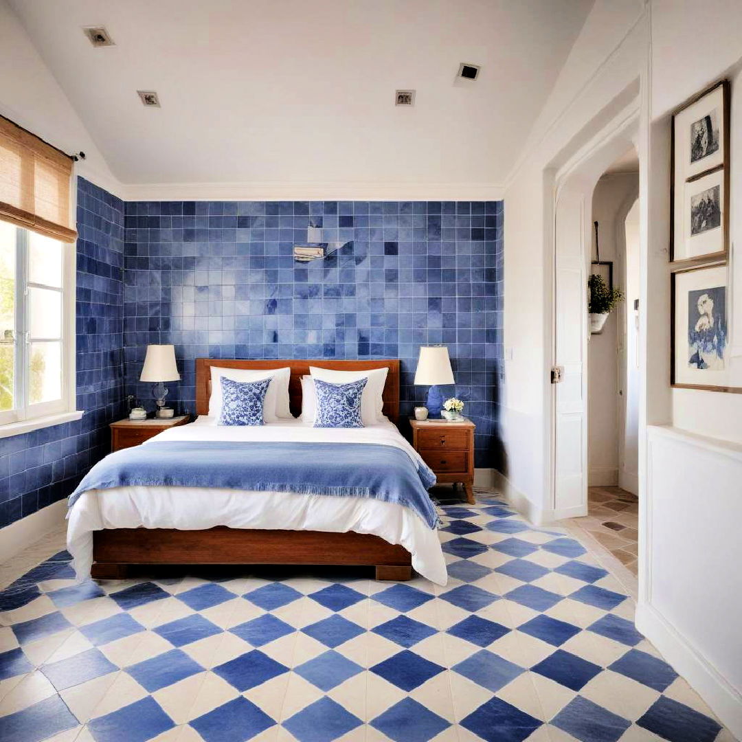 blue and white tile flooring for a mediterranean vibe