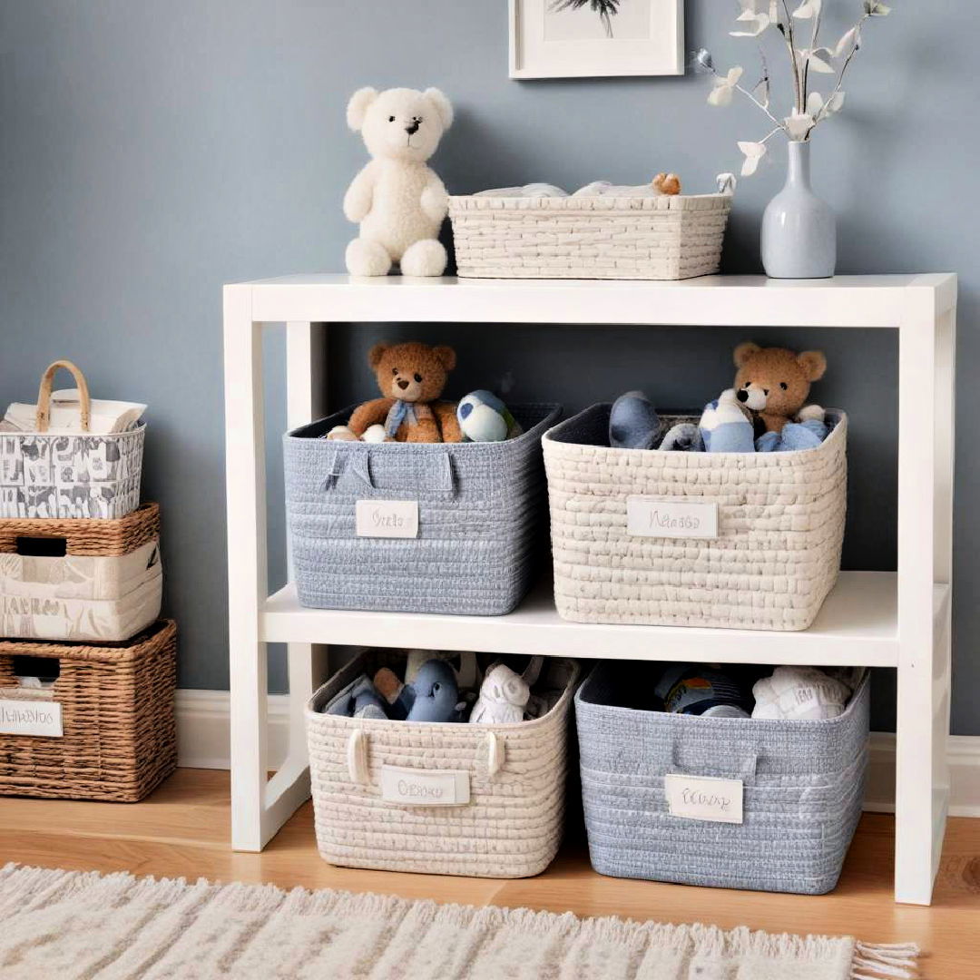 blue and white toy storage baskets