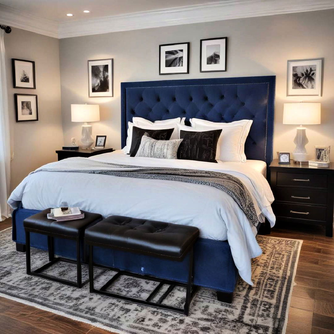 blue bed frame with black nightstands