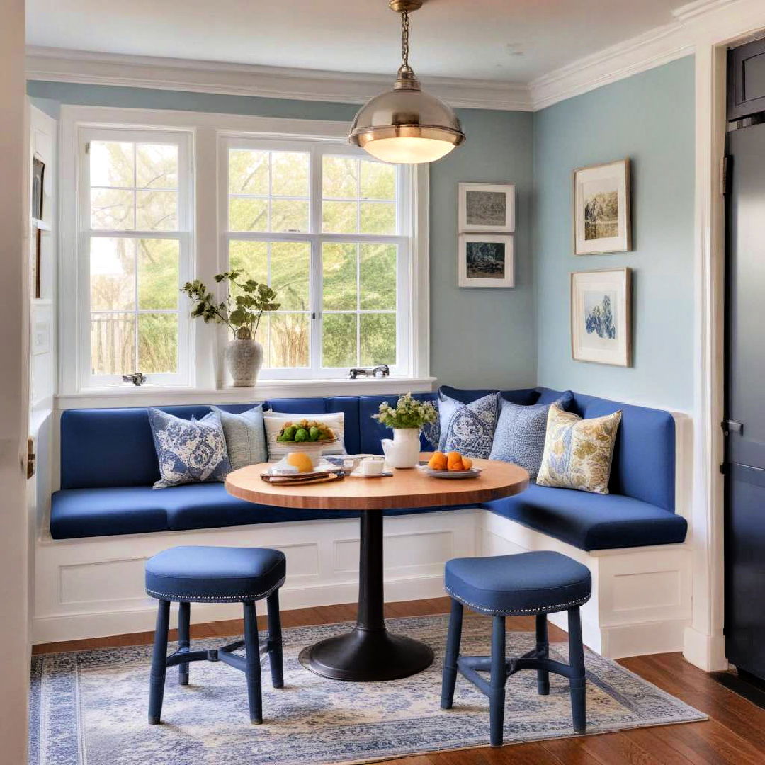 blue bench seating for a cozy breakfast nook