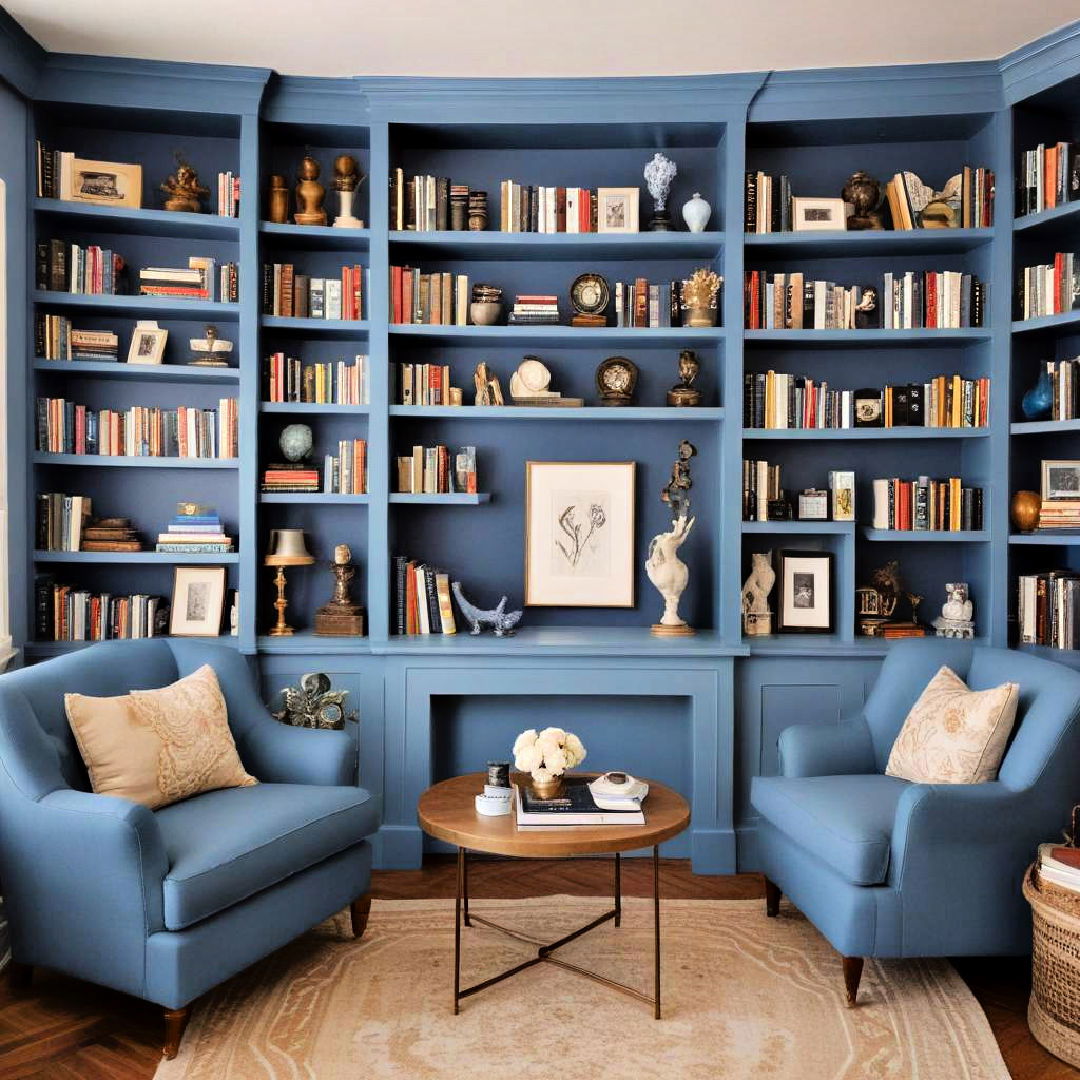 blue bookshelves