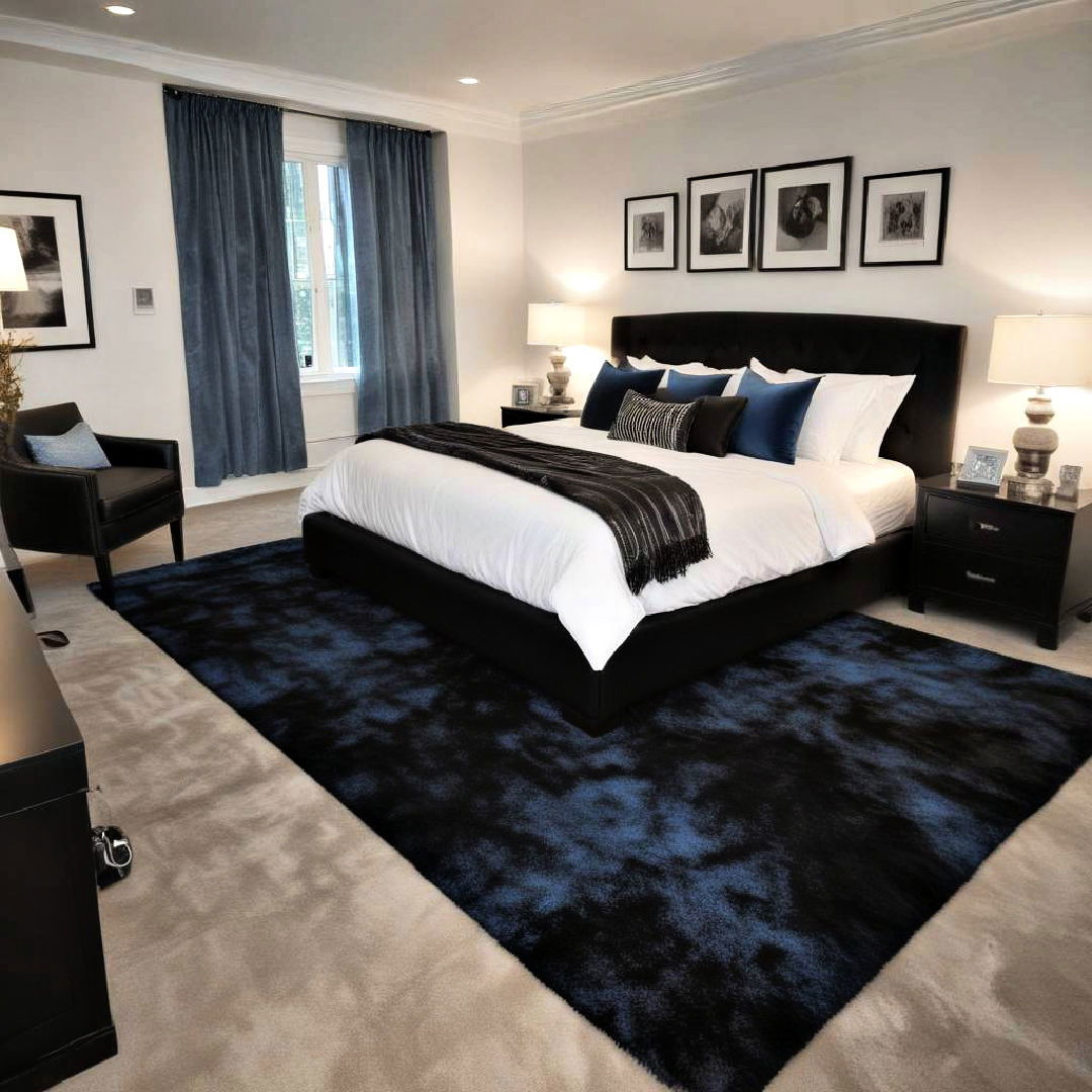 blue carpet with black bedding