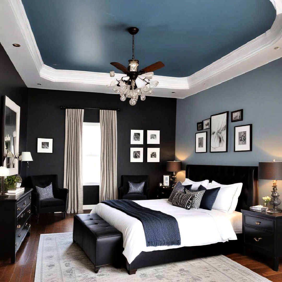 blue ceiling with black furniture