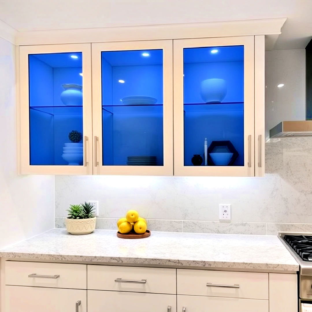 blue glass cabinet doors for a modern twist