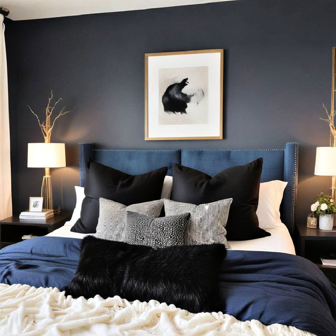 blue headboard with black throw pillows