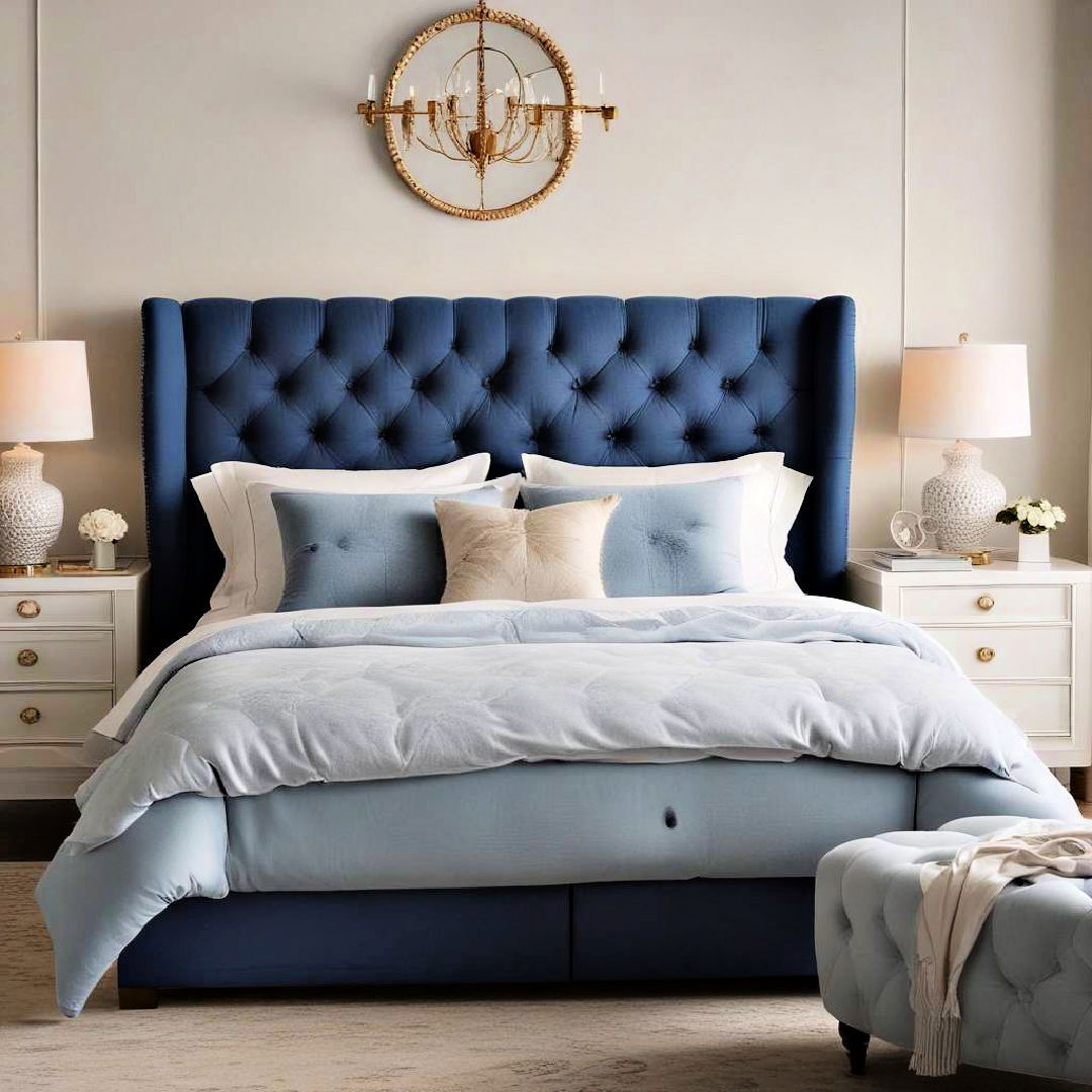 blue headboard with tufting for classic elegance