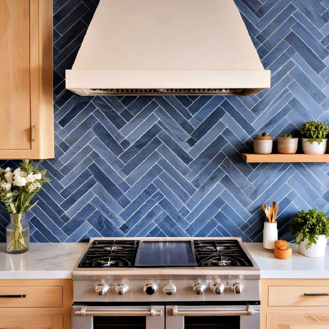 blue herringbone tile for a stylish backsplash