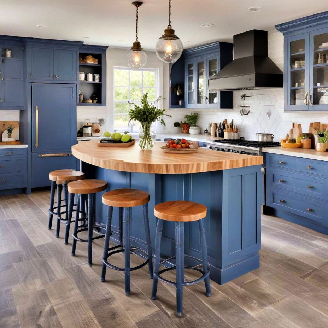 blue kitchen island with butcher block countertop