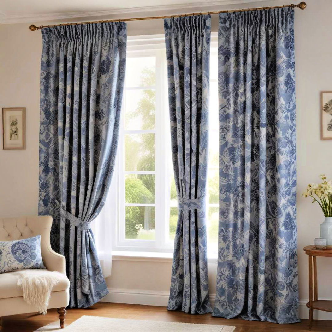 blue patterned curtains for subtle drama