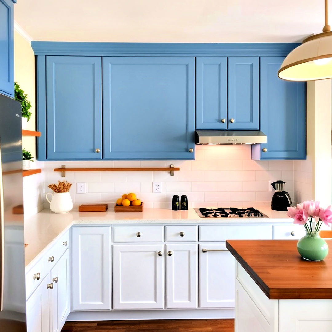 blue upper cabinets with white lower cabinets for a fresh look