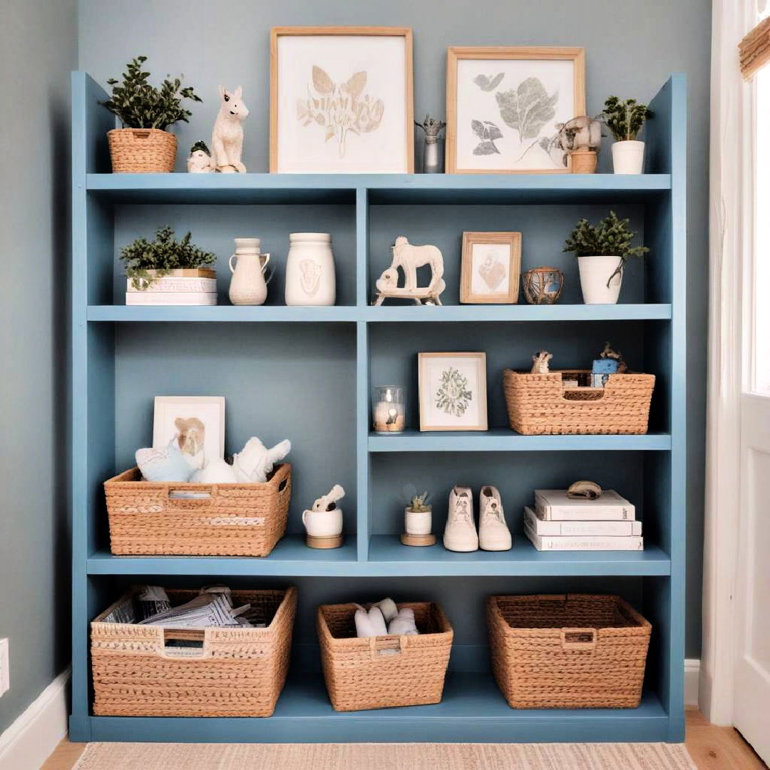 blue wooden shelves