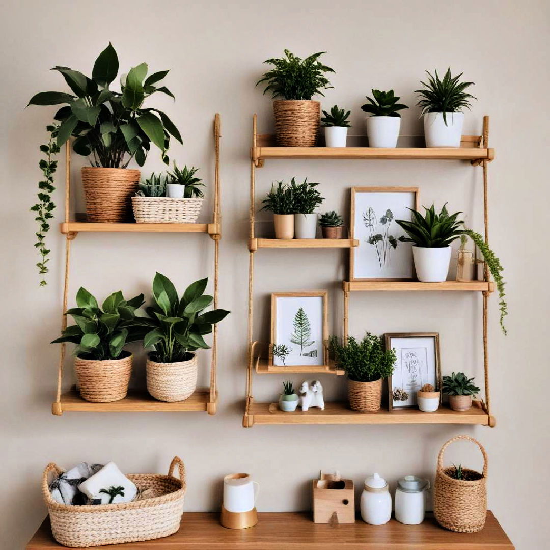 boho wall shelves with plants