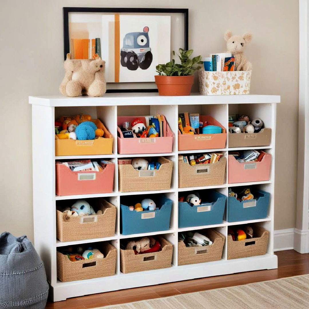 bookcase with storage bins