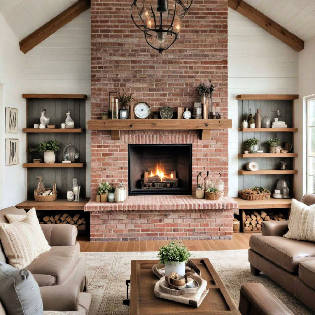 brick fireplace with shiplap walls