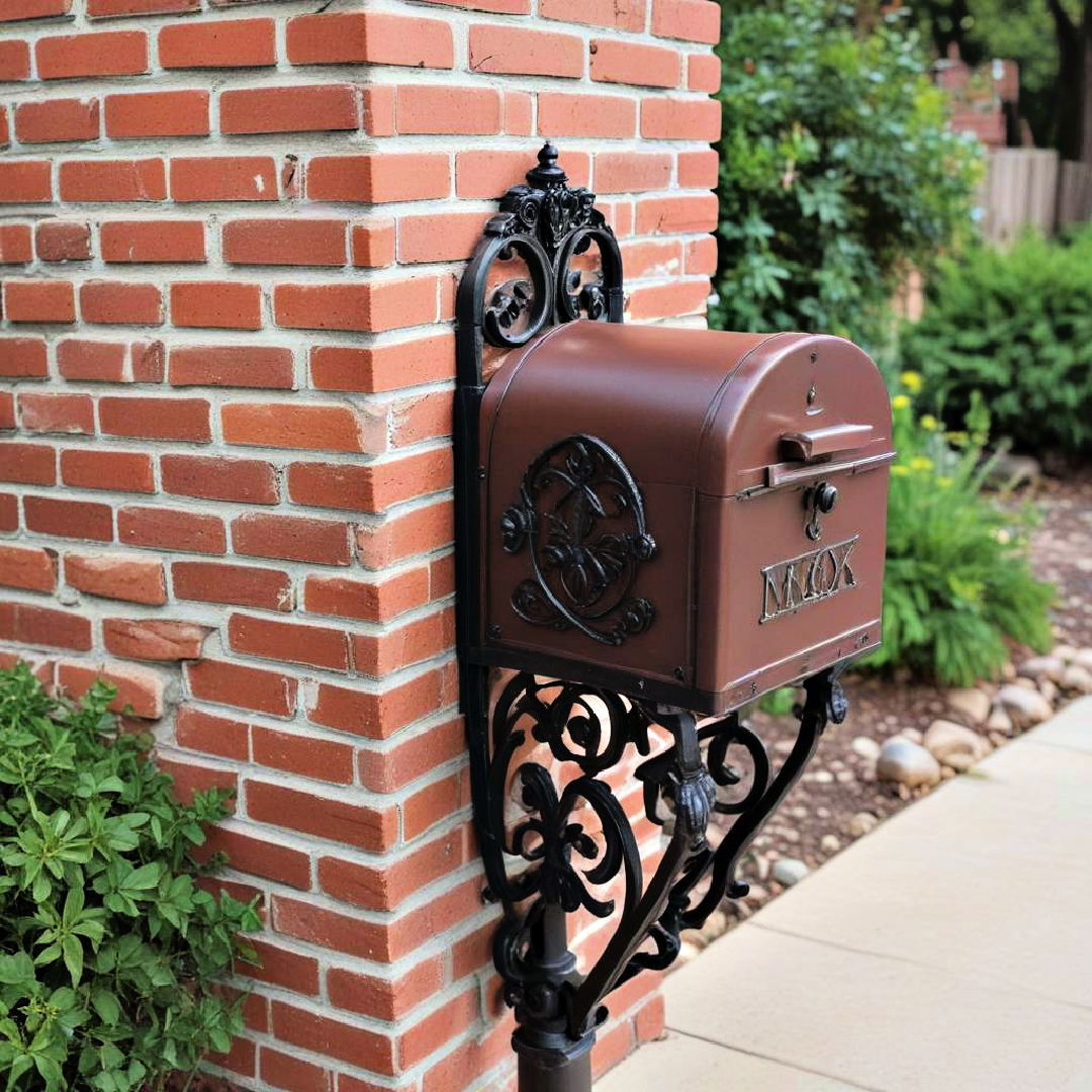 brick mailbox with decorative ironwork