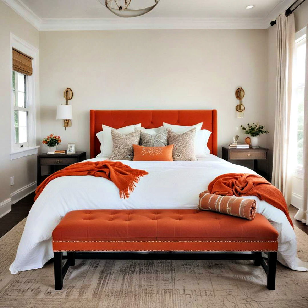 burnt orange bench at the foot of the bed