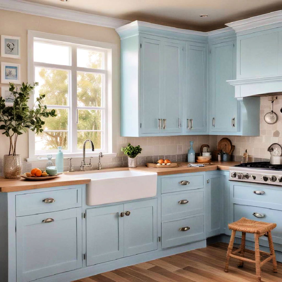 coastal inspired light blue cabinets