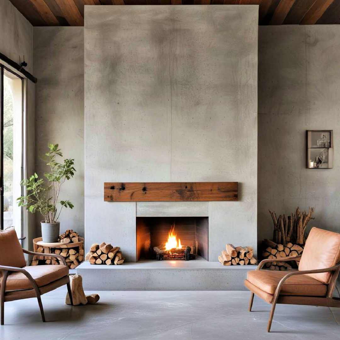 concrete fireplace with wooden accents