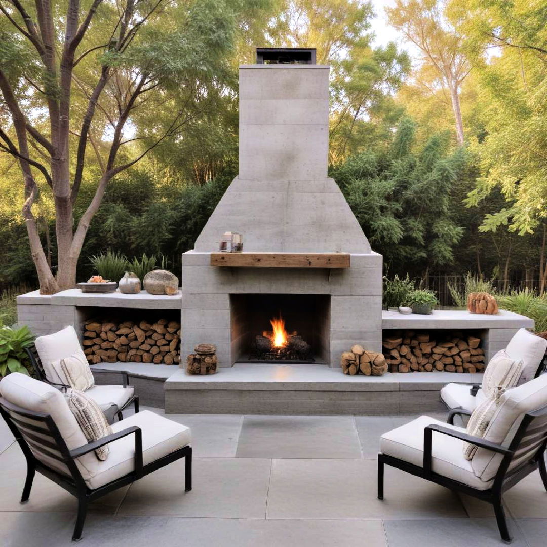 concrete patio with outdoor fireplace