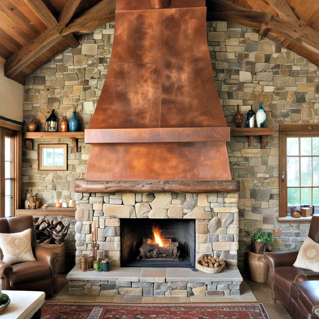 copper hood over a stone fireplace