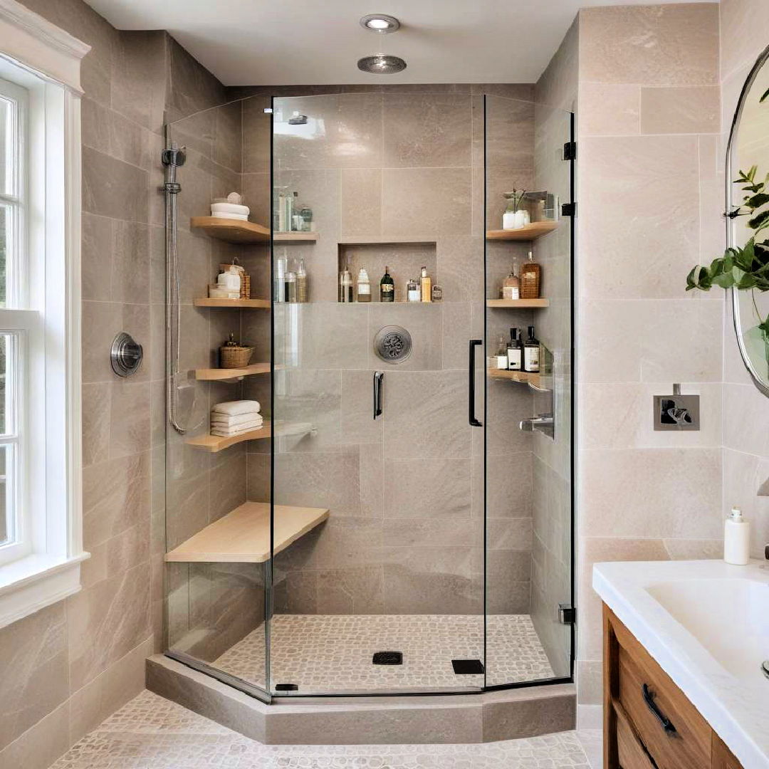 corner shower with built in shelves