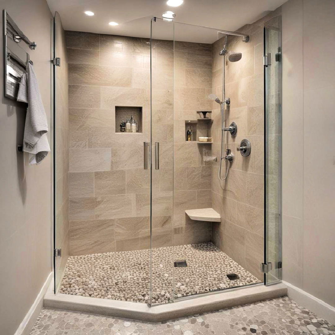 corner shower with pebble floor