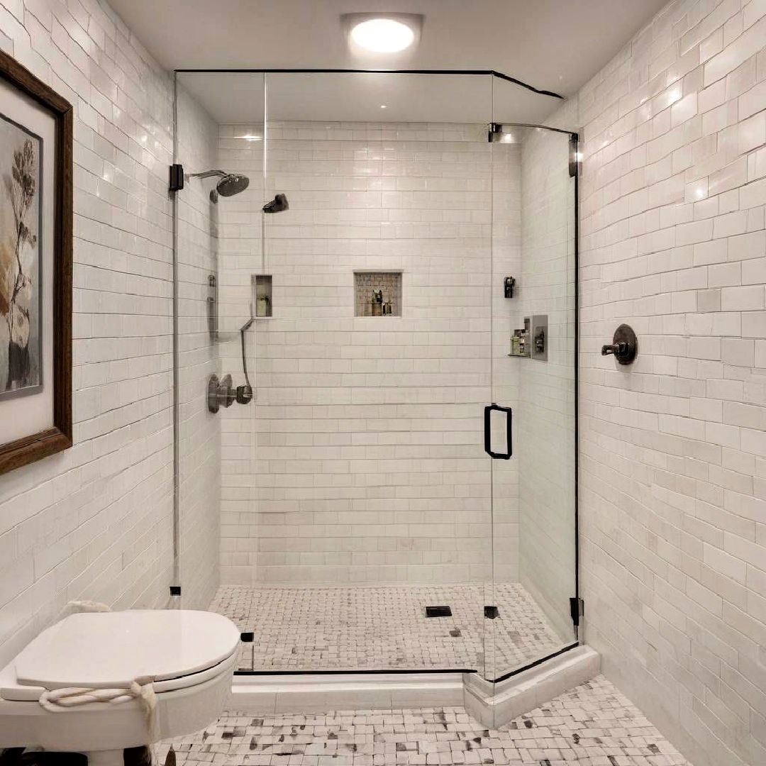 corner shower with subway tiles