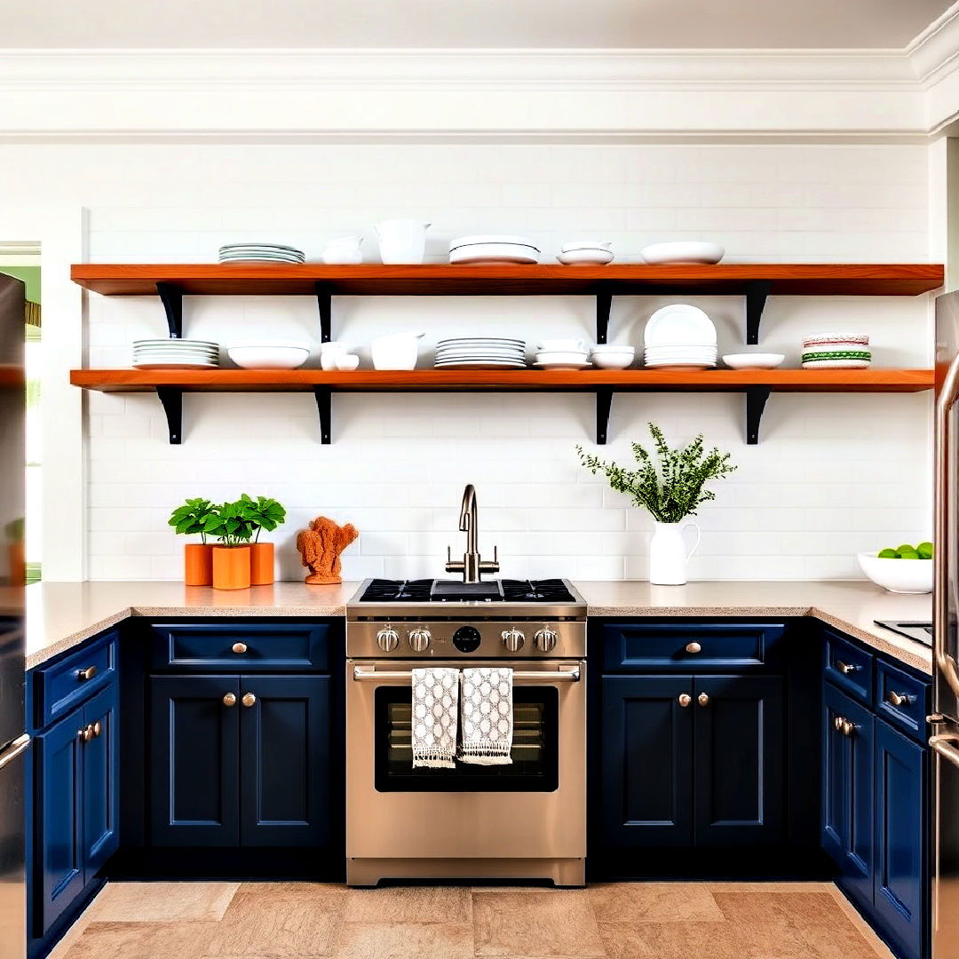 dark blue base cabinets with open shelving