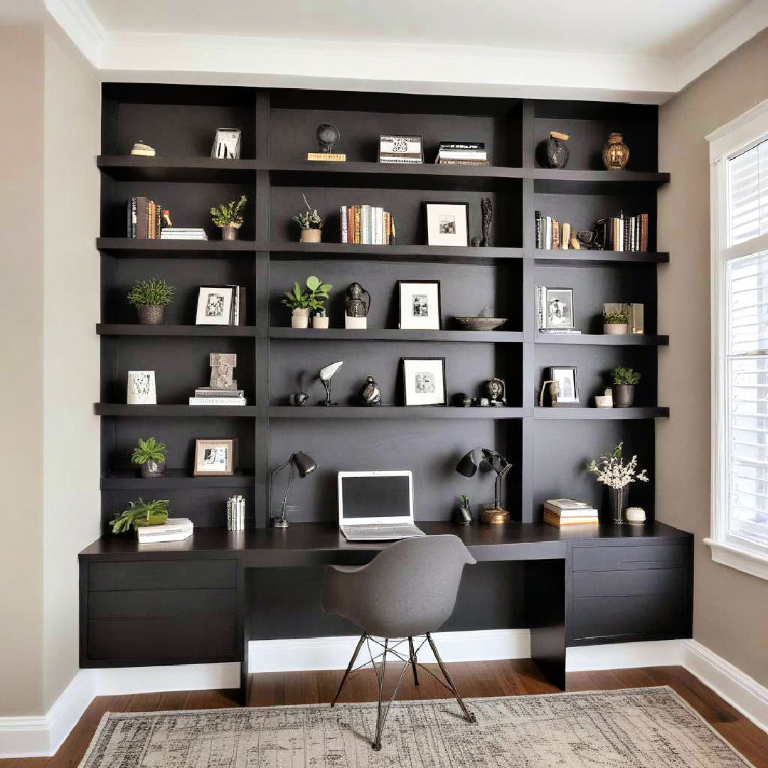 dark built in desk with floating shelves