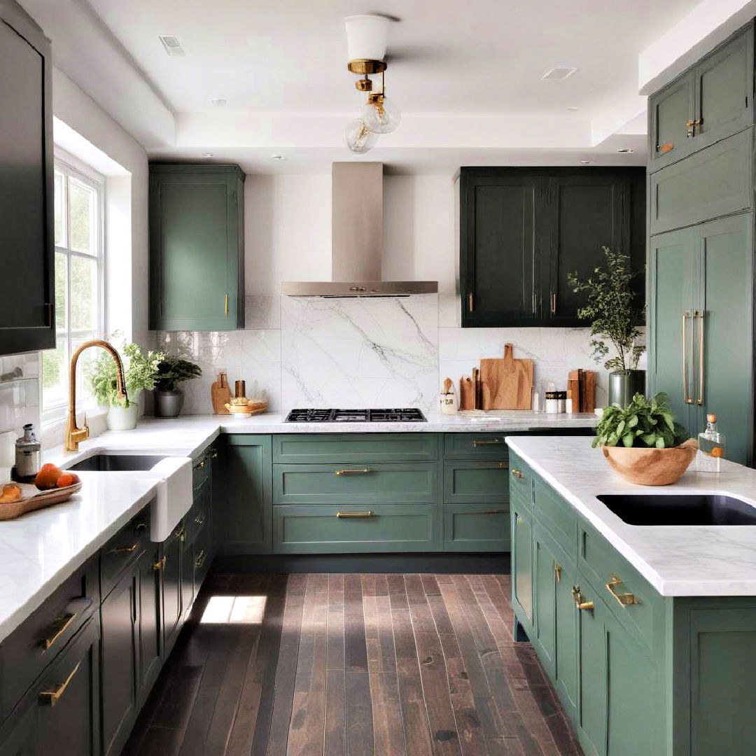 dark green accent cabinets in an all white kitchen