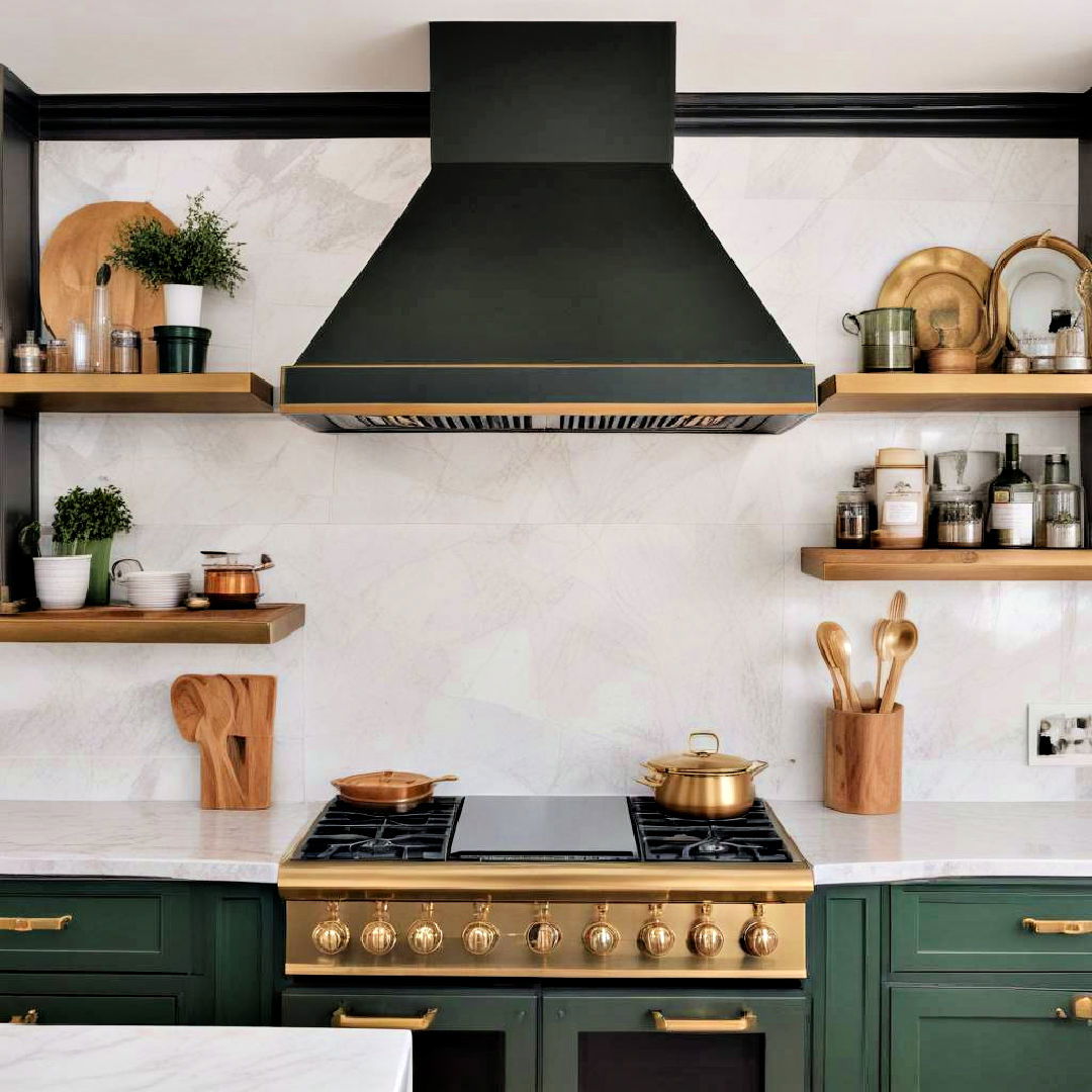 dark green and brass range hood