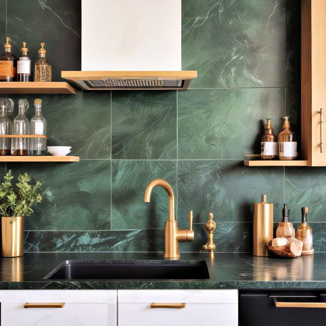 dark green backsplash with brass details