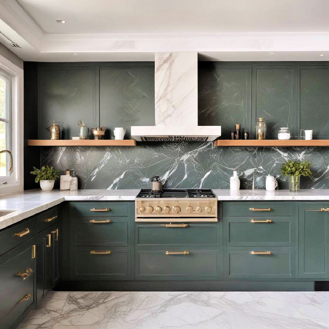 dark green cabinetry with marble slab backsplash