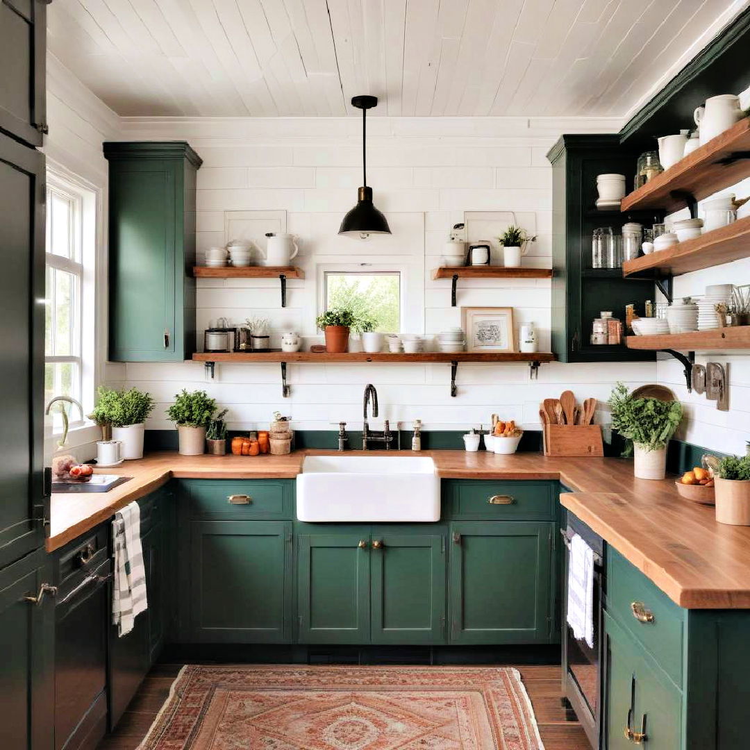 dark green cabinets with white shiplap walls