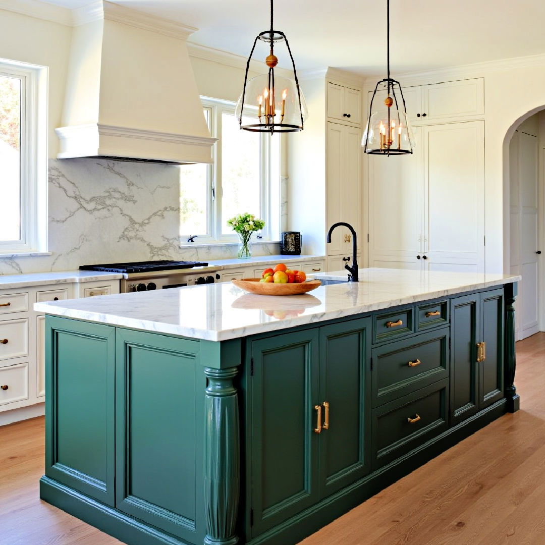 dark green kitchen island with marble countertop