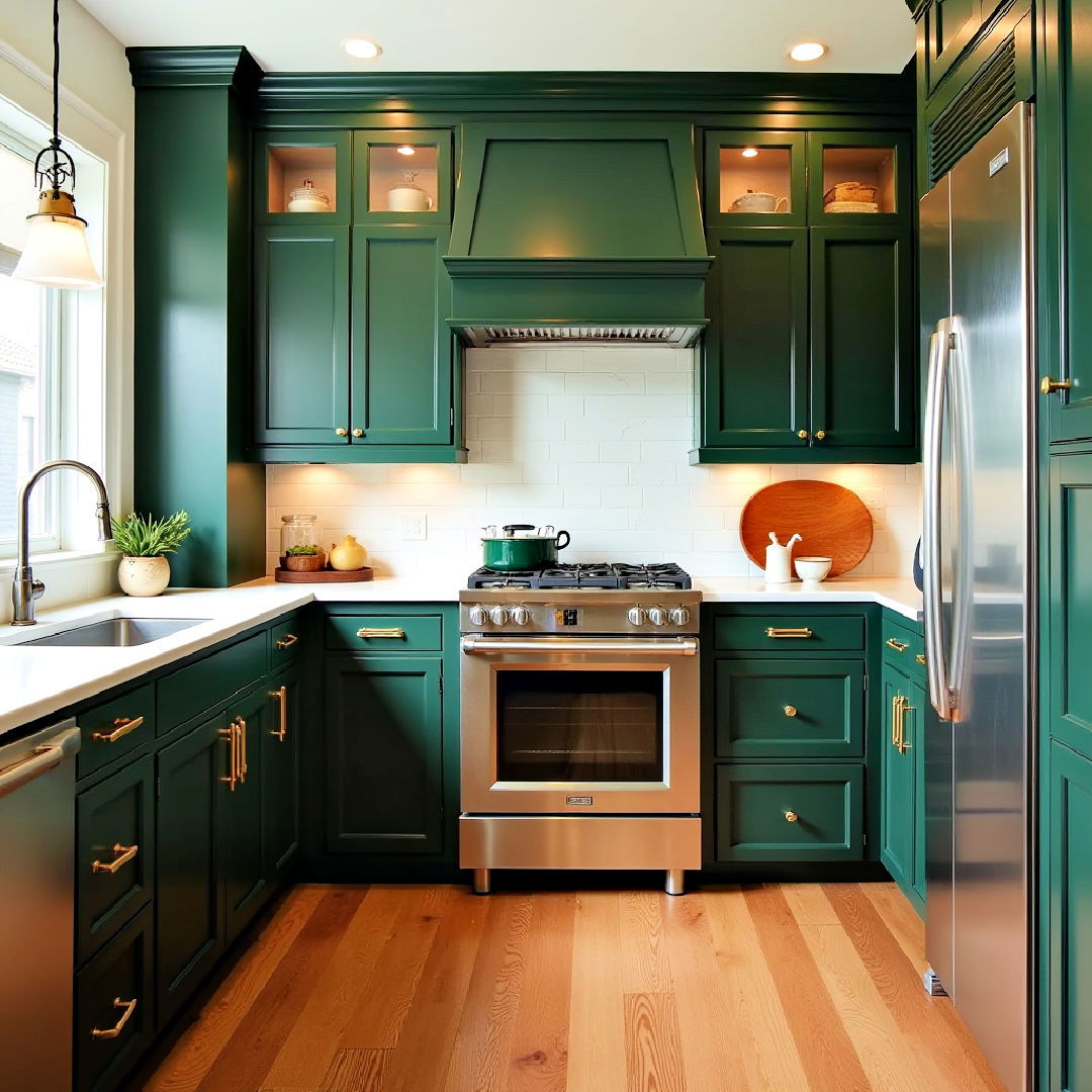 dark green kitchen with wood flooring for warmth