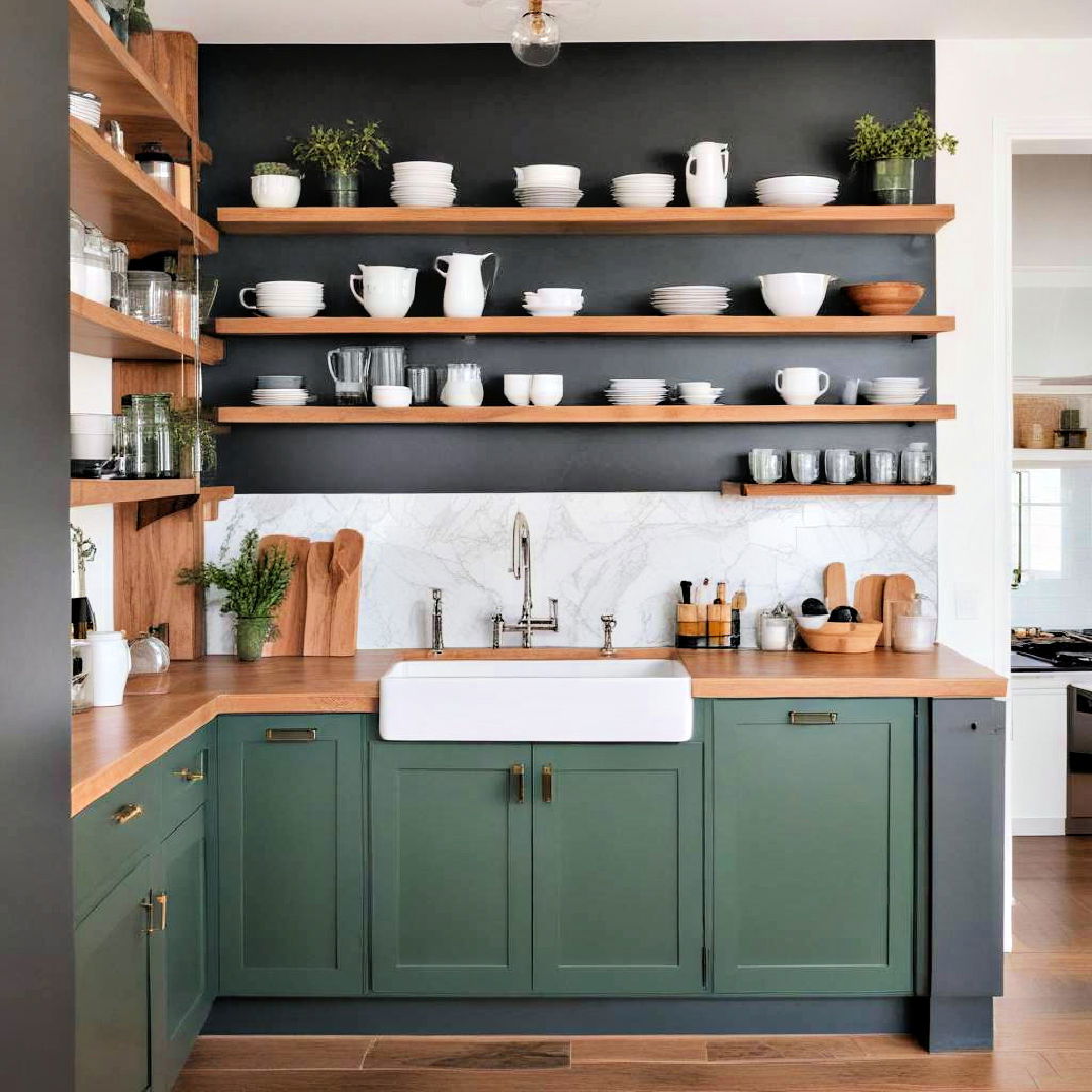 dark green lower cabinets with open upper shelving