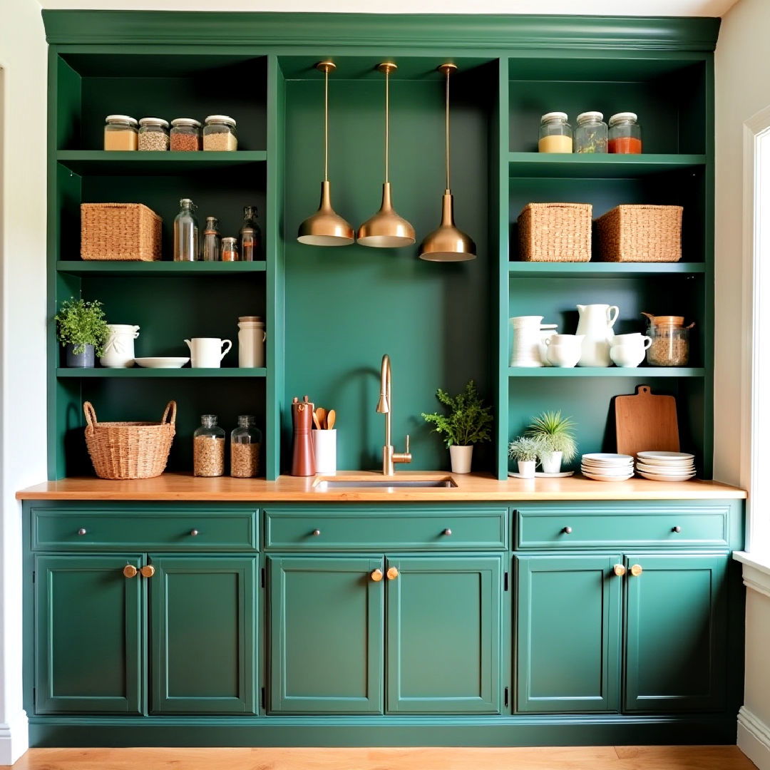 dark green open pantry shelving for functional beauty