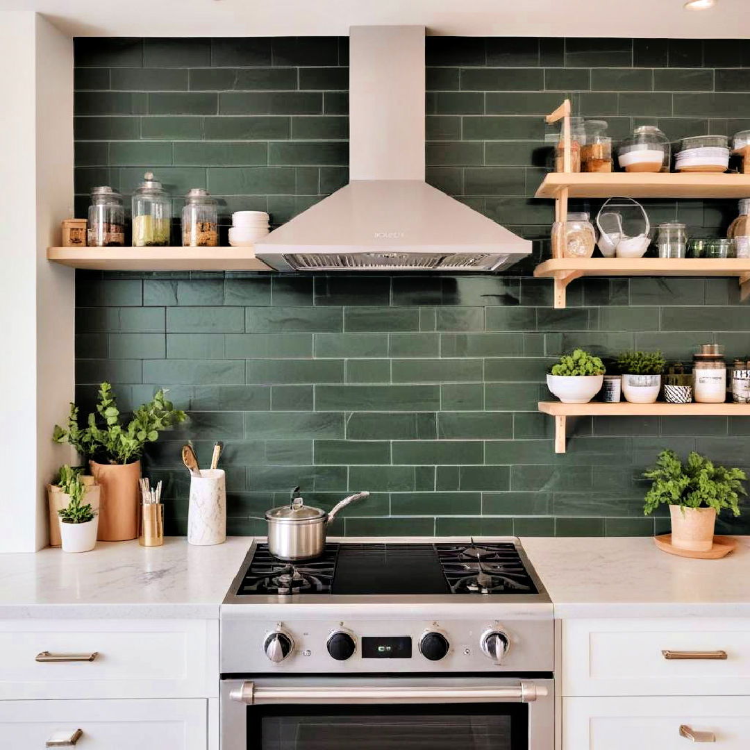 dark green subway tile backsplash